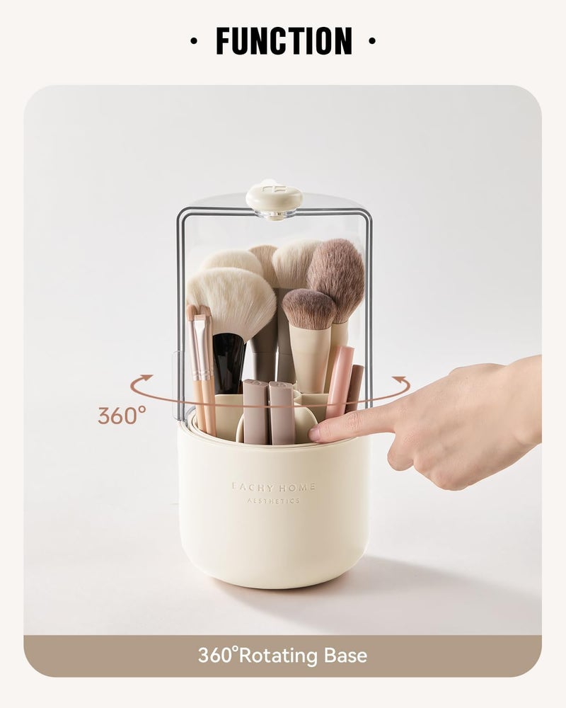 EACHY Makeup Brush Holder 360° Rotating with Dustproof Lid, Waterproof Material, 7 Compartments for Organized Storage, Stylish and Durable Design for Vanity (Beige) - Image 4